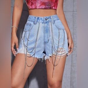 COOVS Jean High Waist Chain Pearl Gemstone Detail Raw Hem Denim Shorts Size 27